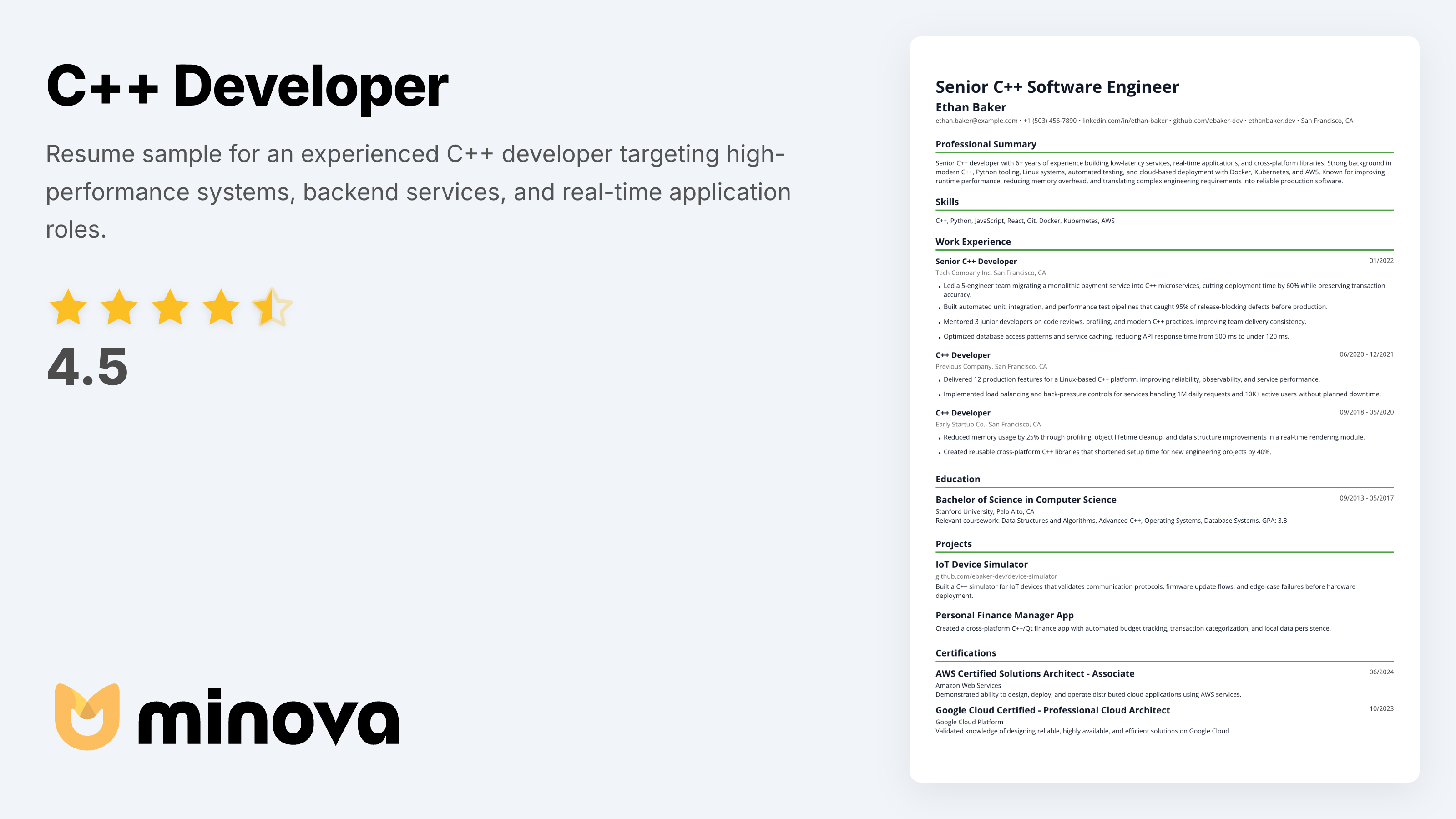 C++ Developer Resume Example for 2026 | Minova - Resume AI Assistant