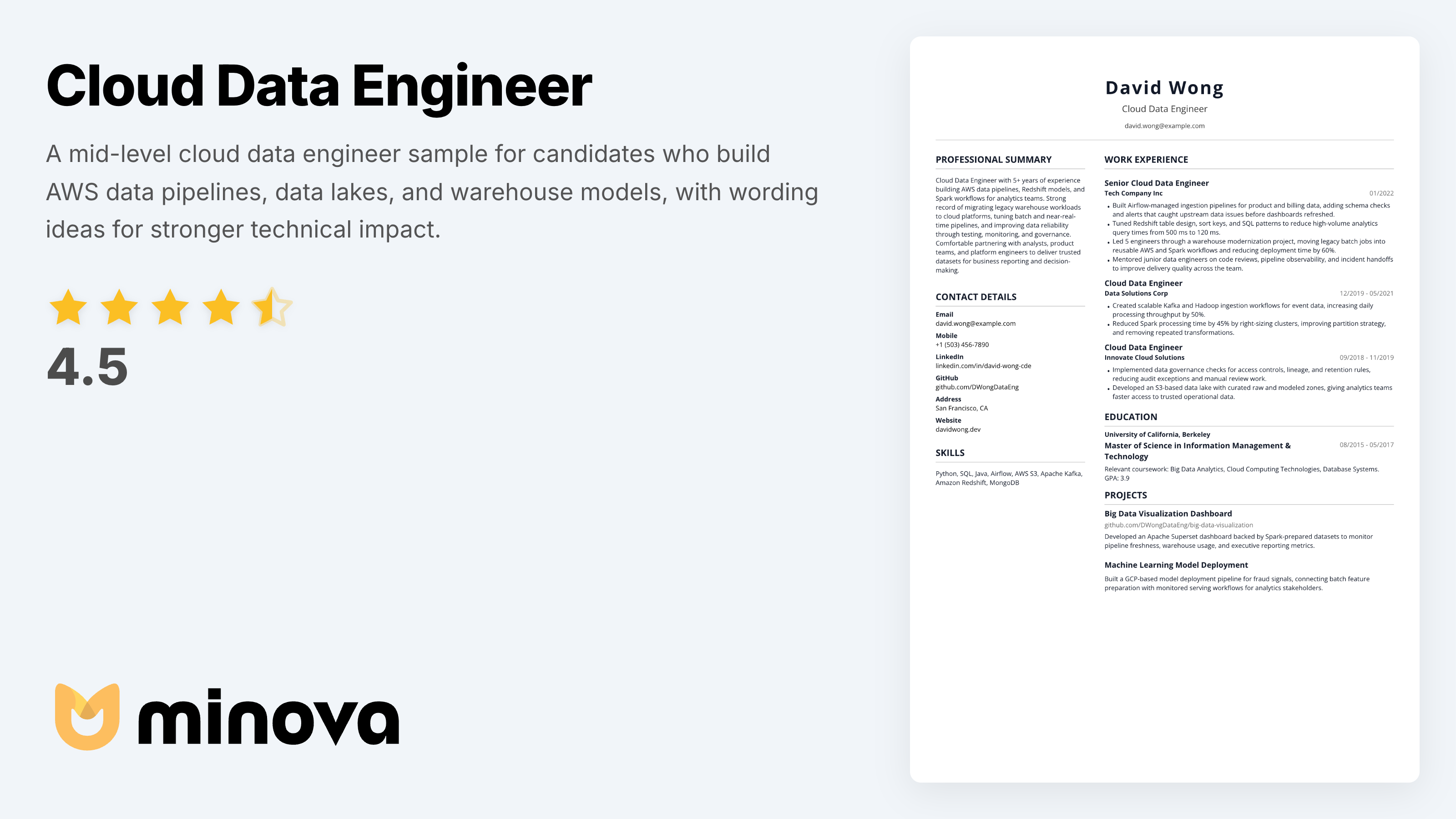 Cloud Data Engineer Resume Example for 2026 | Minova - Resume AI Assistant
