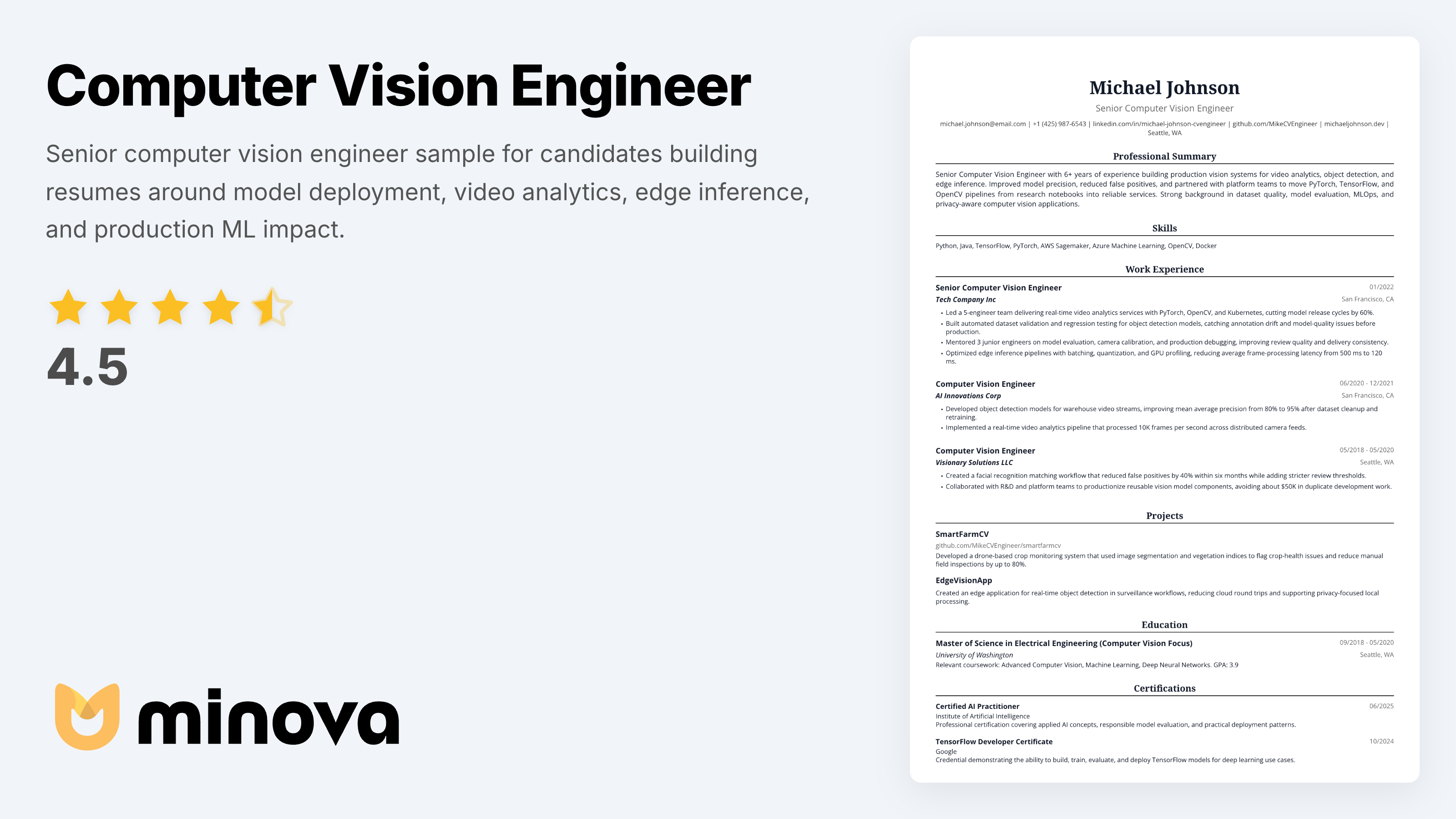 Computer Vision Engineer Resume Example | Minova - Resume AI Assistant