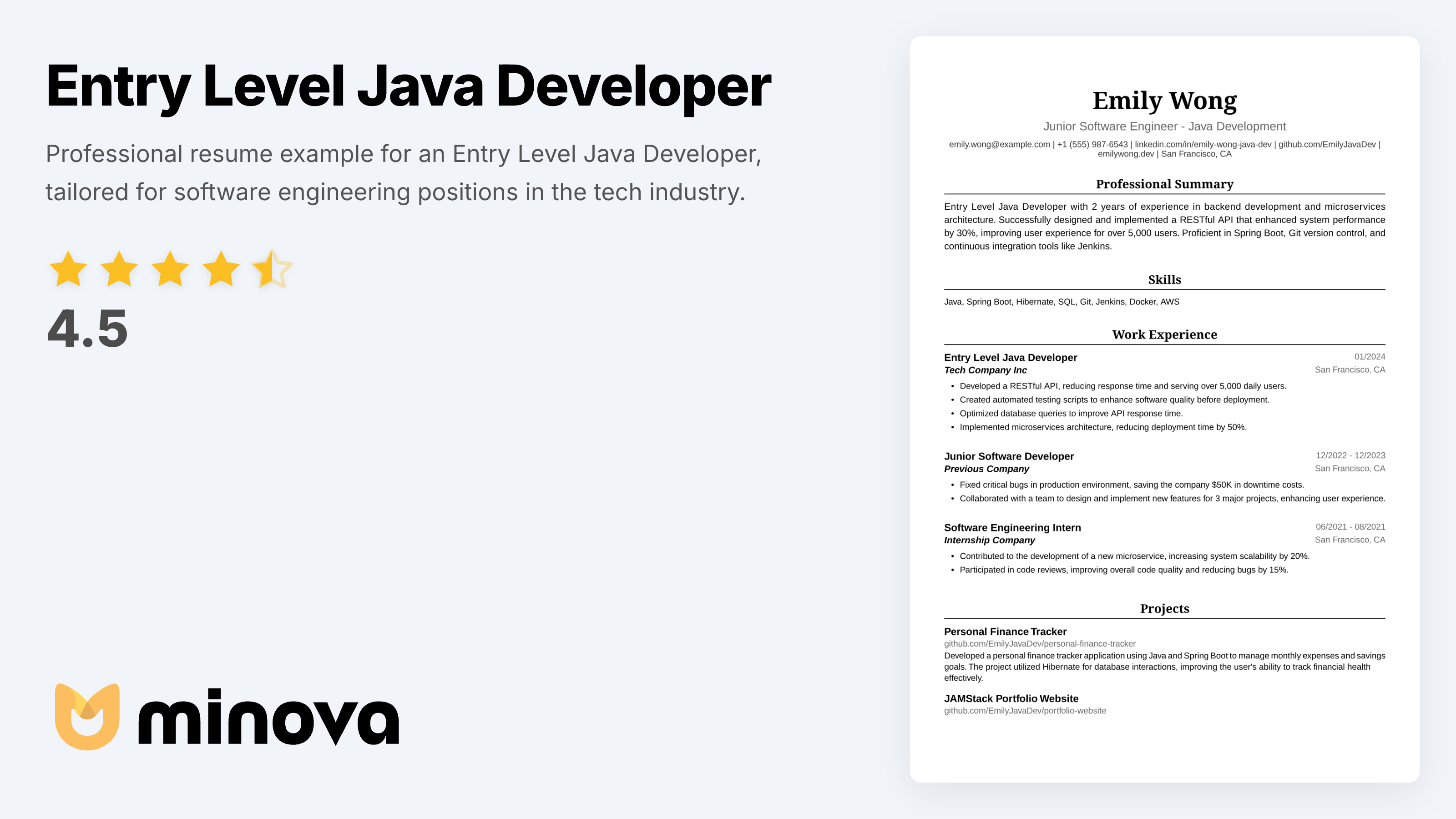 Entry Level Java Developer Resume Example | Minova - Resume AI Assistant