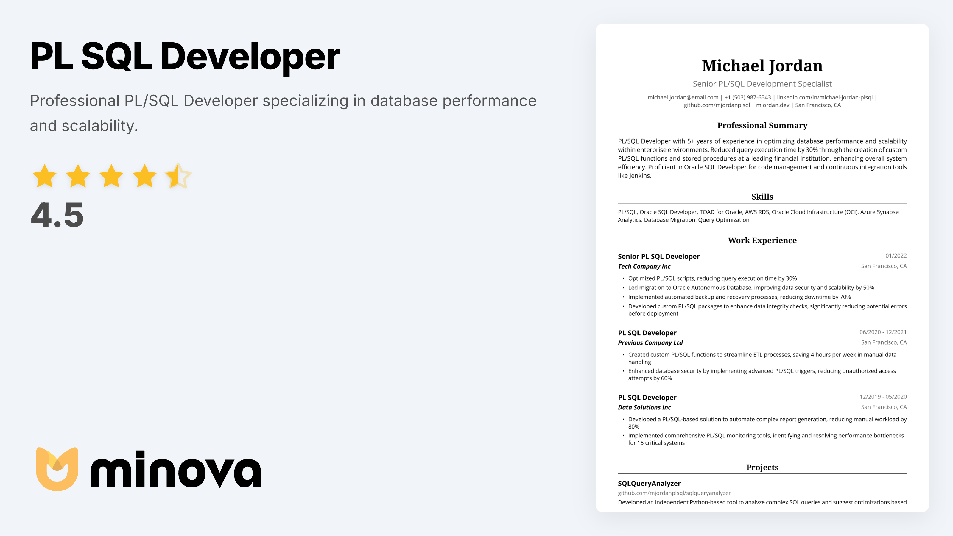 PL SQL Developer Resume Example - Professional Template | Minova ...