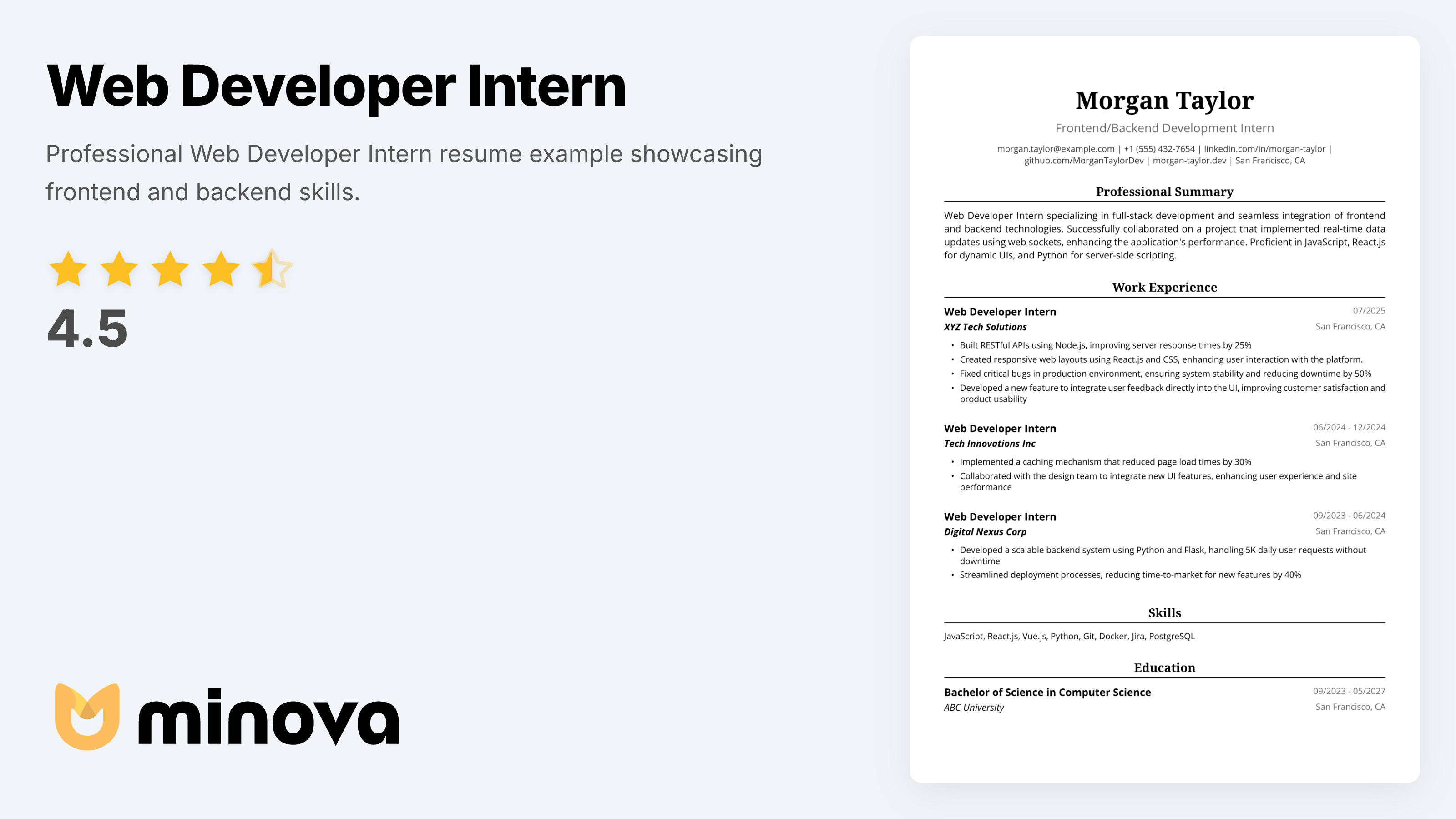 Web Developer Intern Resume Example - Professional Template | Minova ...